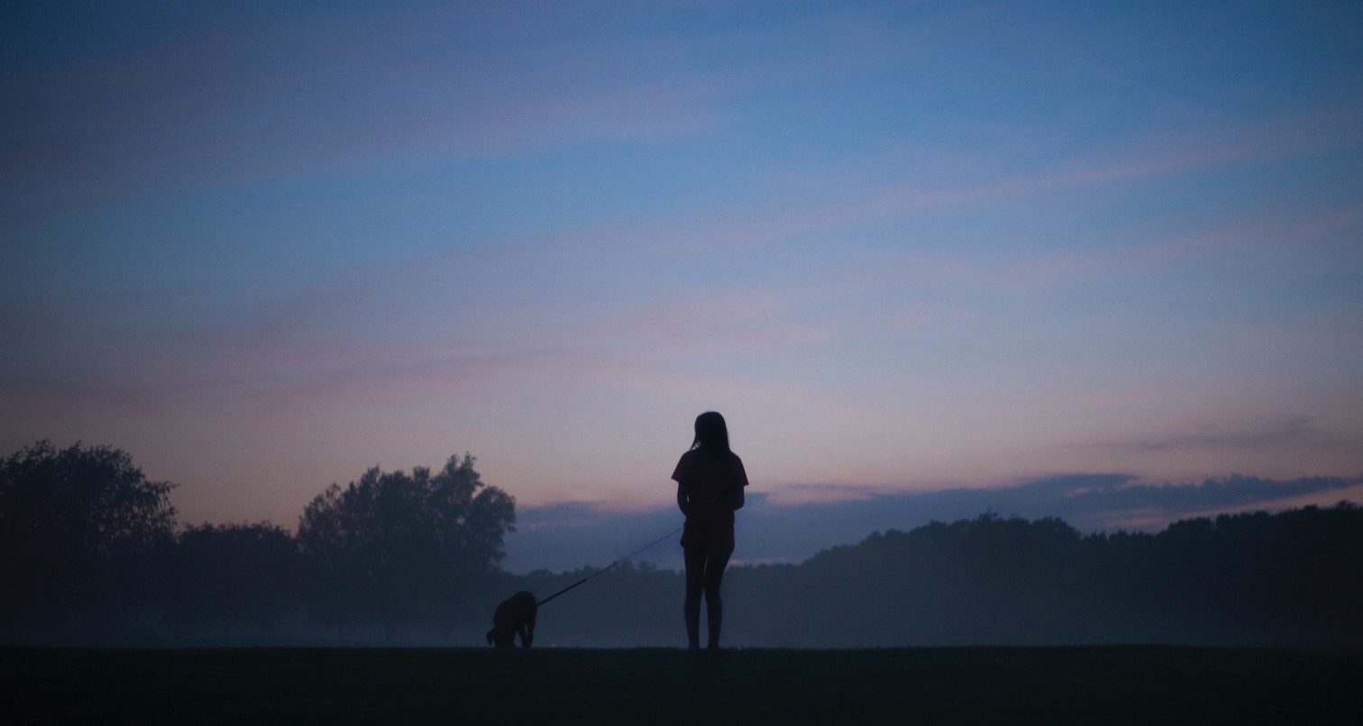 Woman walks dog at dusk.