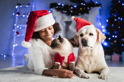 A woman celebrates Christmas with her dog and cat.